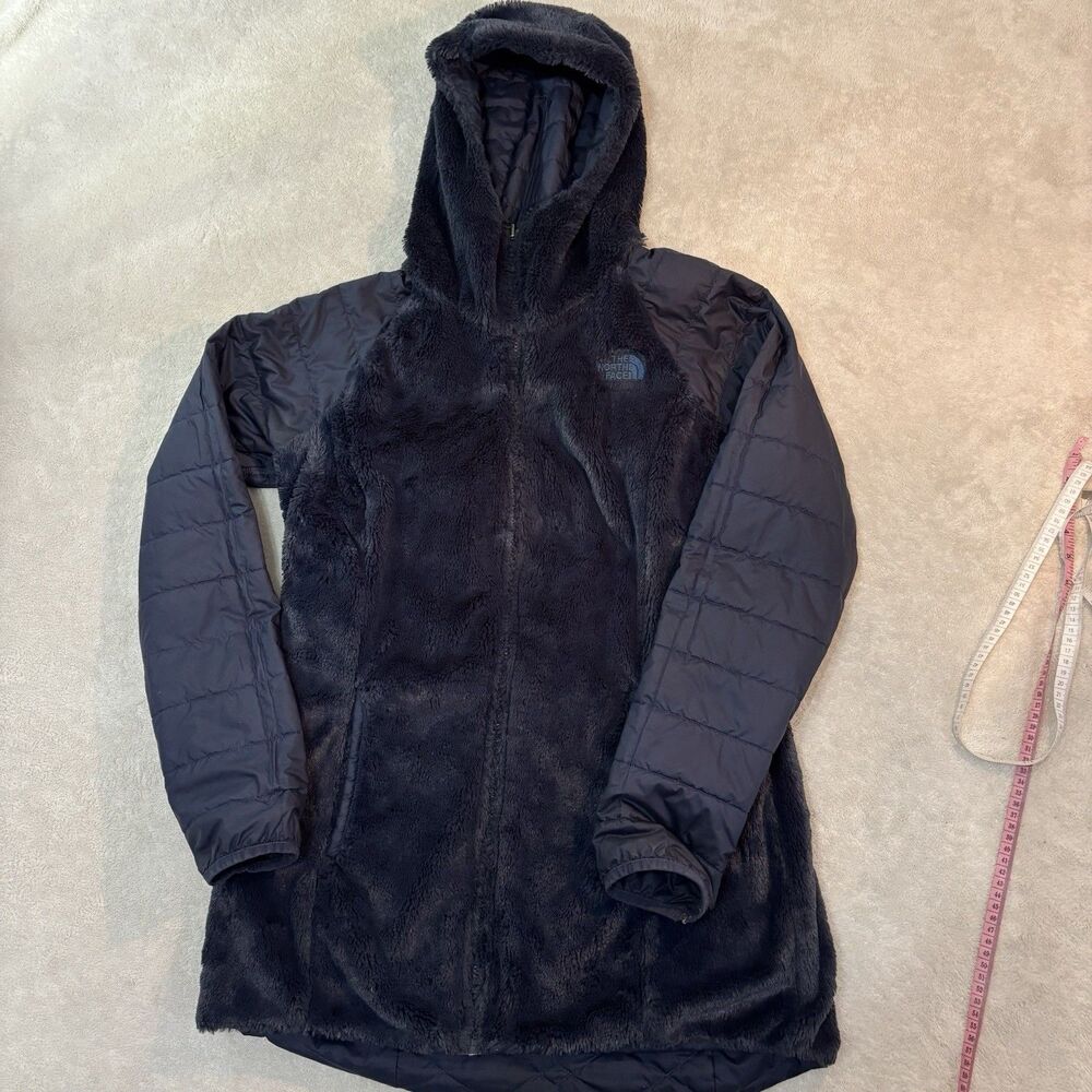 EUC North Face Women Small Mossbud Reversible Puffer Fleece Coat Navy Long Hood - Picture 2 of 11